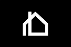 a black and white house logo with two arrows pointing up to the roof, on a dark background