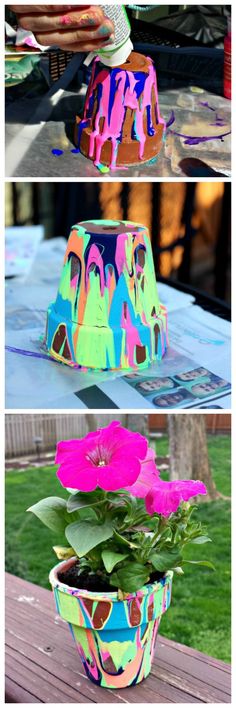 three different pictures of colorful flowers in a pot on a table with green grass and blue sky