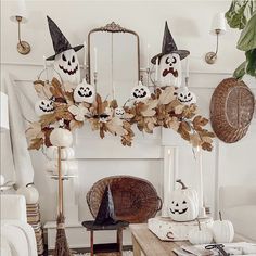 a living room decorated for halloween with pumpkins