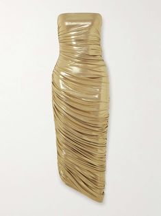 NORMA KAMALI Diana strapless ruched metallic stretch-jersey gown Diana Gown, Ruched Gown, Gown Gold, Going For Gold, Strapless Neckline, Sports Trousers, Layered Chains, Norma Kamali, Metallic Dress