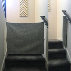 two pictures of the same carpeted stair case