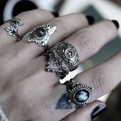 Goth Rings, Aesthetic Rings, Rings Aesthetic, Black Diamond Engagement, Boho Jewellery, Black Diamond Ring Engagement, Grunge Girl