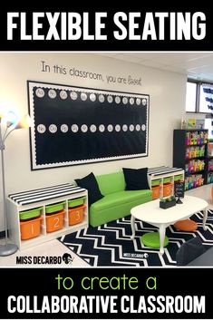 a classroom with black and white carpet, green couches and colorful storage bins