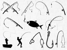 silhouettes of different types of fishing equipment on a white brick wall, including rods and hooks