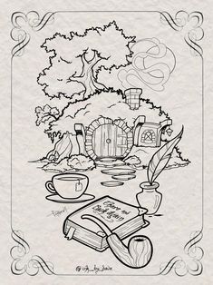 an ink drawing of a book, cup and saucer on a table with a tree in the background