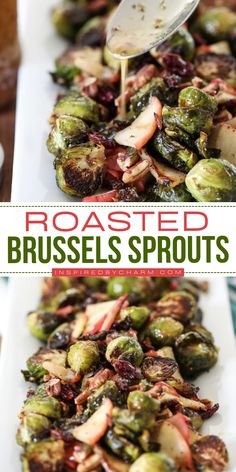 You'll want to double this Thanksgiving side dish recipe! Everyone will love these fall Brussels sprouts at your Thanksgiving dinner party. With the addition of apples, dried cranberries, and pecans, these roasted Brussels sprouts are so tasty! Brussel Sprouts With Butternut Squash Dried Cranberries, Cranberry Glazed Roasted Butternut Squash Brussel Sprouts, Brussel Sprouts With Apples, Roasted Butternut Squash Brussel Sprouts Cranberries, Brussel Sprouts With Cranberries & Pecans, Recipe With Apples, Roasted Brussels Sprouts Recipe