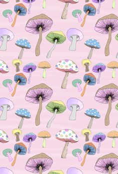 a pink background with many different types of mushrooms