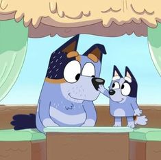 an animated dog and cat are standing under a awning with their noses to each other