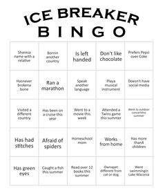 an icebreakerr bingo game with words on it