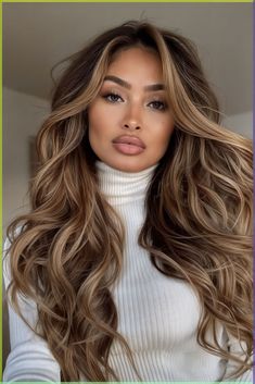 This hairstyle blends warm honey highlights with rich brown tones, creating a luminous and luxurious effect. The voluminous curls add texture and depth, making the highlights pop even more. It’s ideal for brunettes who want to elevate their look with a sunlit glow.  Perfect for both casual outings and glam events, the soft curls frame the face beautifully, enhancing natural features. This style whispers sophistication while shouting, “I know good hair!” Balyage Long Hair, Tan Skin Blonde Hair, Rambut Brunette, Honey Brown Hair, Brown Hair Looks, Bronde Balayage, Brown Hair Inspo, Brunette Hair With Highlights, Brown Hair Balayage