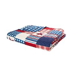 two red, white and blue quilts are folded on top of eachother