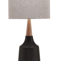 a black table lamp with a grey shade