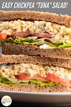 two sandwiches stacked on top of each other with the words easy chickpea tuna salad