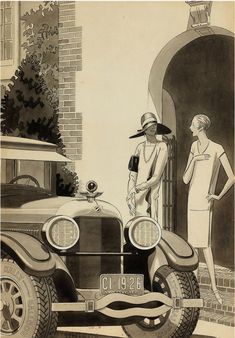 an old fashion car parked in front of a woman with a hat on her head