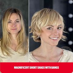 Blonde Messy Short Shag with Bangs for women with a heart shaped face Short Shag Hair, Shag Bob Haircut, Shag With Bangs, Shag Hair, Hairstyles For Summer, Gray Hairstyles, Fun Hairstyles