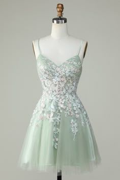 Homecoming Dresses With Flowers, Junior Prom Dresses Short Classy, Tangled Theme Hoco Dress, Sage Green Grade 8 Grad Dress, Sage Green Dress Short Casual, Flowy Homecoming Dresses Short, Sage Hoco Dress, Fairytale Hoco Dress, Enchanted Forest Homecoming Dress