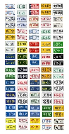 a large number of license plates with different colors and numbers on each one, including the letters