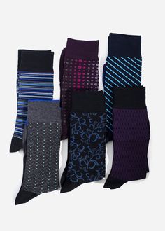 Enjoy this simple, no-fuss sock bundle has 6 assorted pairs so you're covered for all season long. We've curated this sock bundle of our bestselling executive styles to make the perfect gift for yourself or any man on your list.Men's Executive Expressive Bundle contains:1 Pair of Linear Luxe - Black1 Pair of Dots On - Plum1 Pair of Get Striped - Navy1 Pair of The Classic - Charcoal1 Pair of Vine Life - Black1 Pair of Matrix - Black Luxury Socks, Executive Fashion, Latest Tech Gadgets, Mens Dress Socks, Socks Pattern, Man Clothing, Men Socks, Sock Patterns, Mens Formal