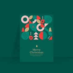 merry christmas card with abstract shapes and trees on green background - kosten stock - graffikts und bilder