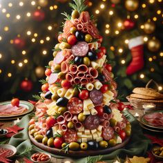 a christmas tree made out of pasta and meats