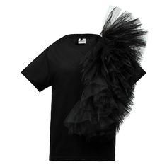 This black t-shirt is crafted from soft jersey fabric, offering a comfortable and relaxed fit. It features a classic crew neck and short sleeves, making it a versatile addition to any wardrobe. The standout feature of this design is the cascading ruffle detailing that flows gracefully from the shoulders, adding a dynamic element to the classic silhouette. This ruffled application creates movement and texture, elevating the overall look. The straight hem provides a polished finish, making this t- Tulle Ruffles, Applique Tee, Cuff Watch, Gifts For New Mums, Feminine Aesthetic, Classic Silhouette, Independent Designers Fashion, Gifts For New Moms, Jacket Sale