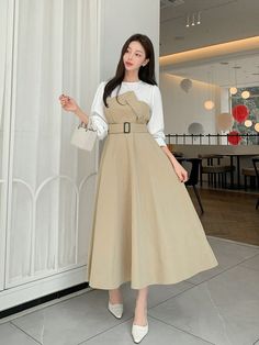 Women's Casual 2 In 1 Contrast Color Splice Long Sleeve Dress, Spring Autumn Khaki Elegant  Long Sleeve Woven Fabric Colorblock A Line Non-Stretch  Women Clothing, size features are:Bust: ,Length: ,Sleeve Length: Bodycon Maxi Skirt, Lace Decor, Collar Designs, Vestido Casual, Strapless Mini Dress, 15 Dresses, Mini Dress With Sleeves, Jumper Dress, Cami Dress