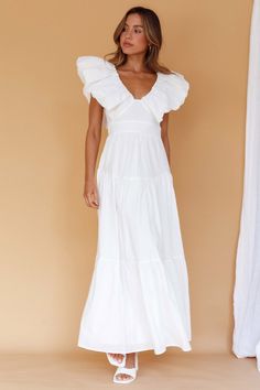 Kahlo Puffed Ruffle Neckline Maxi Dress White White Puffed Sleeve Dress, Confirmation Dresses White Long, White Long Formal Dress, Long White Dress Outfit Casual, Long White Graduation Dress, Long White Dress With Sleeves, Long White Dress Formal, Long Church Dresses, White Dress Western