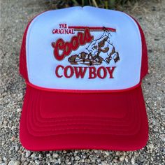 Embroidered Coors Cowboy Mesh Trucker Hat. Snapback Adjustable Red Trucker Hat With Embroidered Logo And Curved Brim, Red Trucker Hat With Embroidered Logo And Flat Brim, Red Embroidered Snapback Hat, Embroidered Red Hats, Red Trucker Hat For Rodeo, Red Snapback Trucker Hat For Rodeo, Red Embroidered Snapback Trucker Hat, Red Hat With Embroidered Logo, Red Hats With Embroidered Logo One Size Fits Most