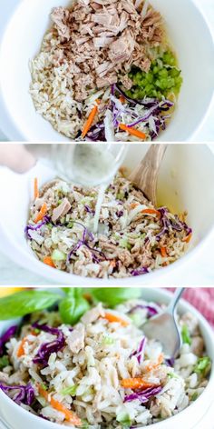 three different bowls filled with rice, meat and veggies in each serving dish