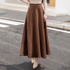 Womens High-waisted Midi Skirt, Elegant Solid-colored A-line Skirt High Waist Non-stretch Solid Color Skirt, Chic A-line Winter Skirt, Casual Solid A-line Maxi Skirt, Chic A-line Winter Bottoms, Chic A-line Maxi Skirt For Fall, Relaxed Fit Solid Color Fall Skirt, Chic Brown A-line Bottoms, Casual A-line Bottoms For Fall, Chic Fall Maxi Skirt