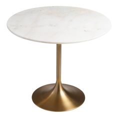 a white marble top table with gold metal base and an oval shaped base, on a white background