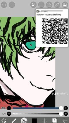 an anime character with green hair and blue eyes is looking at the qr code