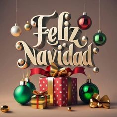 the words feliz navidad are surrounded by christmas ornaments and presents on a gray background