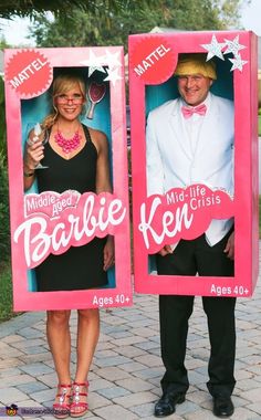 two people dressed up as barbie and charlie krabs are standing next to each other