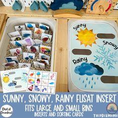 the sun, snowy, rain, and snowfloat inserts are in their trays