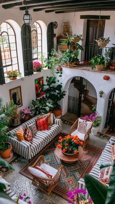 a living room filled with furniture and lots of plants on the windows sills