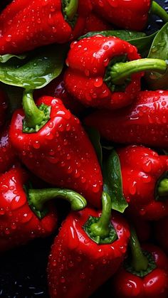 some red peppers with green stems and water droplets on them, sitting in a black bowl