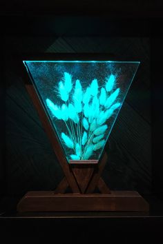 a glass vase with feathers in it on a wooden stand against a black background,