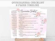 the quincana checklist 6 pages timeline is displayed on a wooden stand