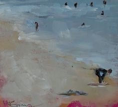 an oil painting of people on the beach