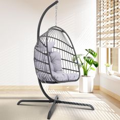 a hanging chair in the middle of a room next to a potted plant and window