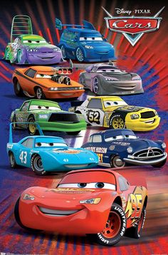 the cars from disney pixar are all lined up in different colors and sizes