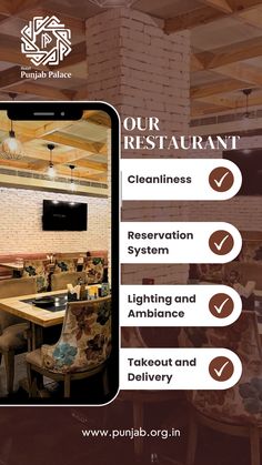 an advertisement for a restaurant with the text our restaurant cleanness reservation system lighting and appliance takeout and delivery