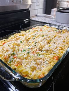 a casserole dish is sitting on the stove