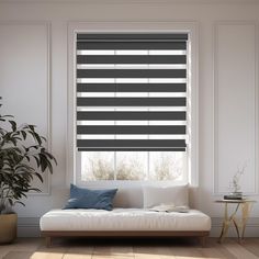 a living room with a white couch and black blinds