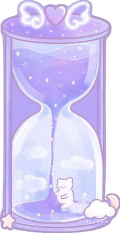 an hourglass with a cartoon bear under it's glass and stars in the sky