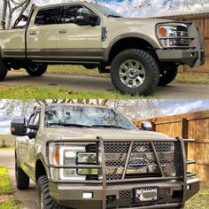 two pictures side by side of a silver truck