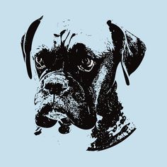 a black and white drawing of a dog's face on a light blue background