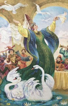 a painting of a woman surrounded by swans in front of a group of other people