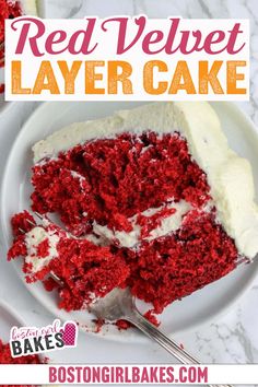 red velvet layer cake on a white plate